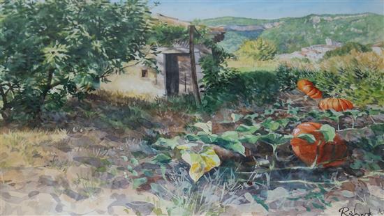 Richard Wardle, watercolour, Spanish landscape with pumpkins(-)